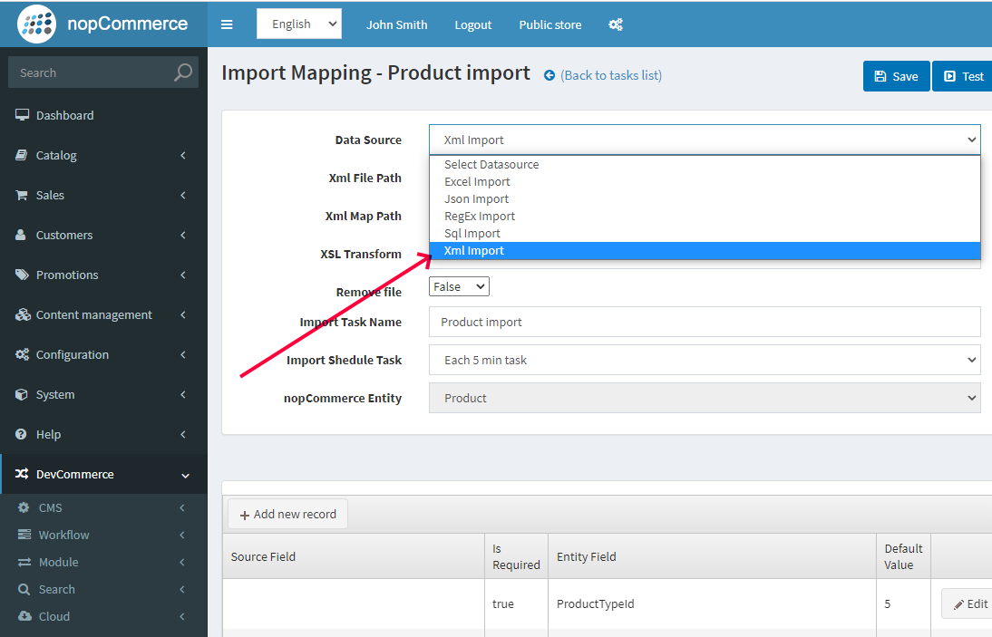 nopCommerce. Sync. Select Data Source